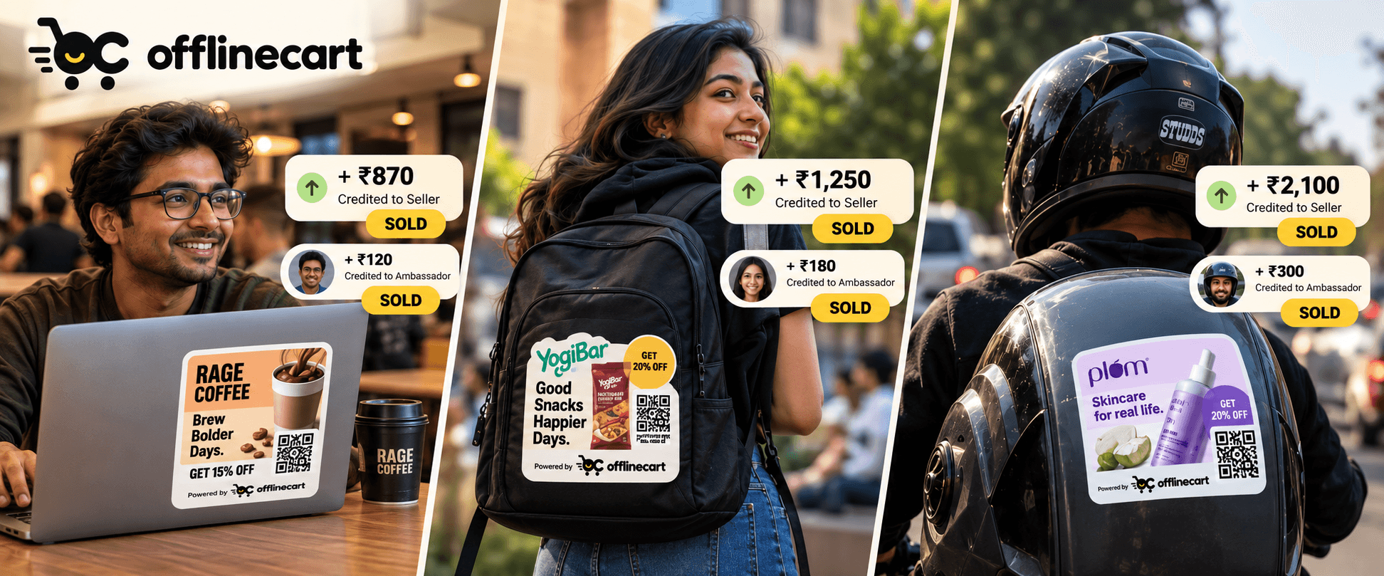 OfflineCart ambassadors carrying brand stickers with QR codes on a laptop, a backpack and a helmet