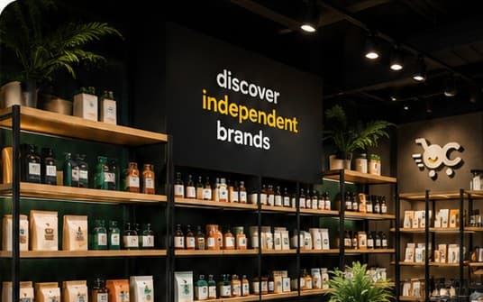 A shelf inside an OfflineCart store, stocked with products from independent Indian brands